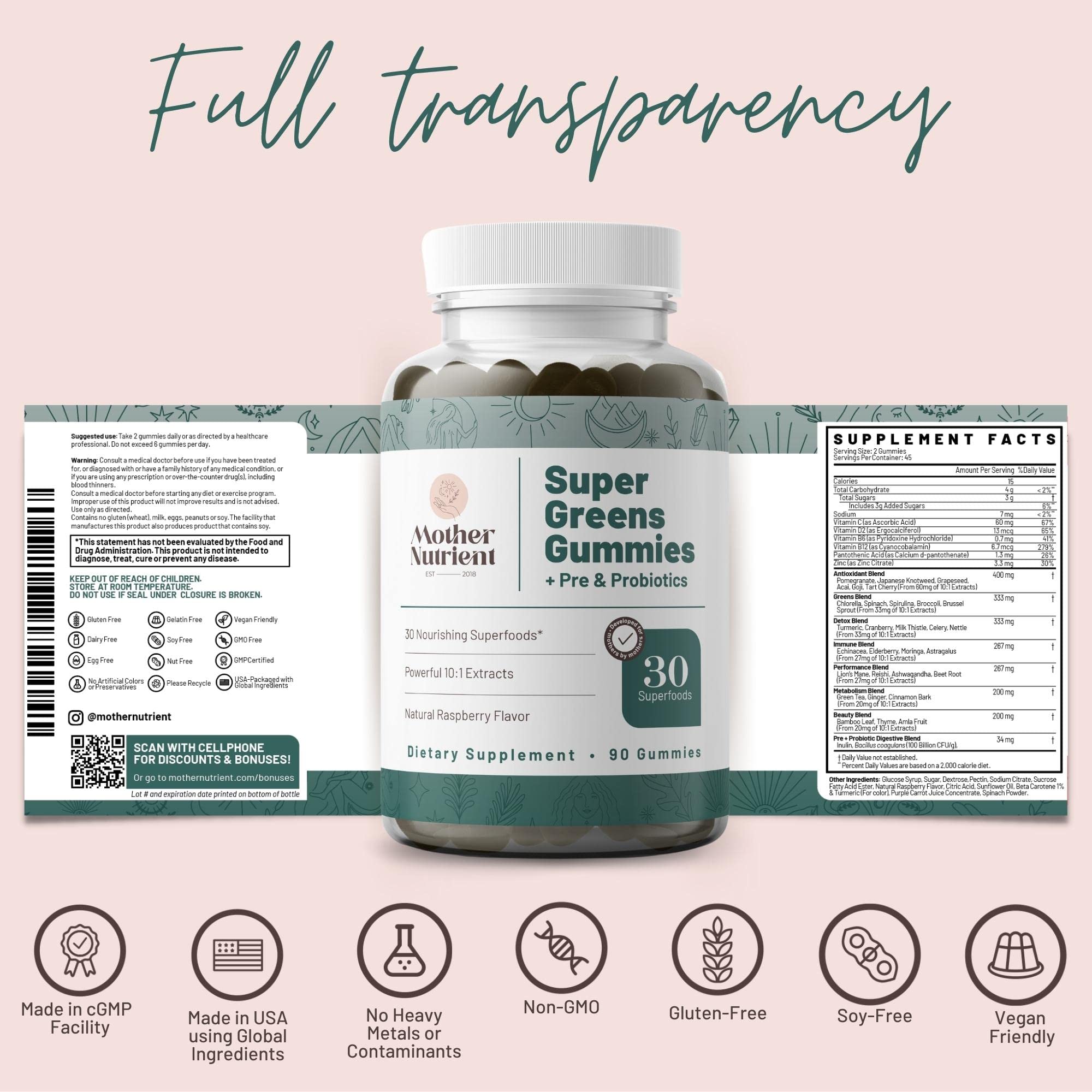 Box and bottle packaging of Mother Nutrient Super Greens Gummies