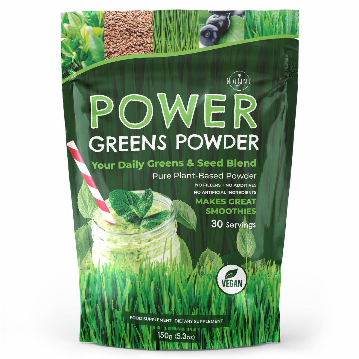 Front view of NextGenU Super Greens Powder 150g pouch