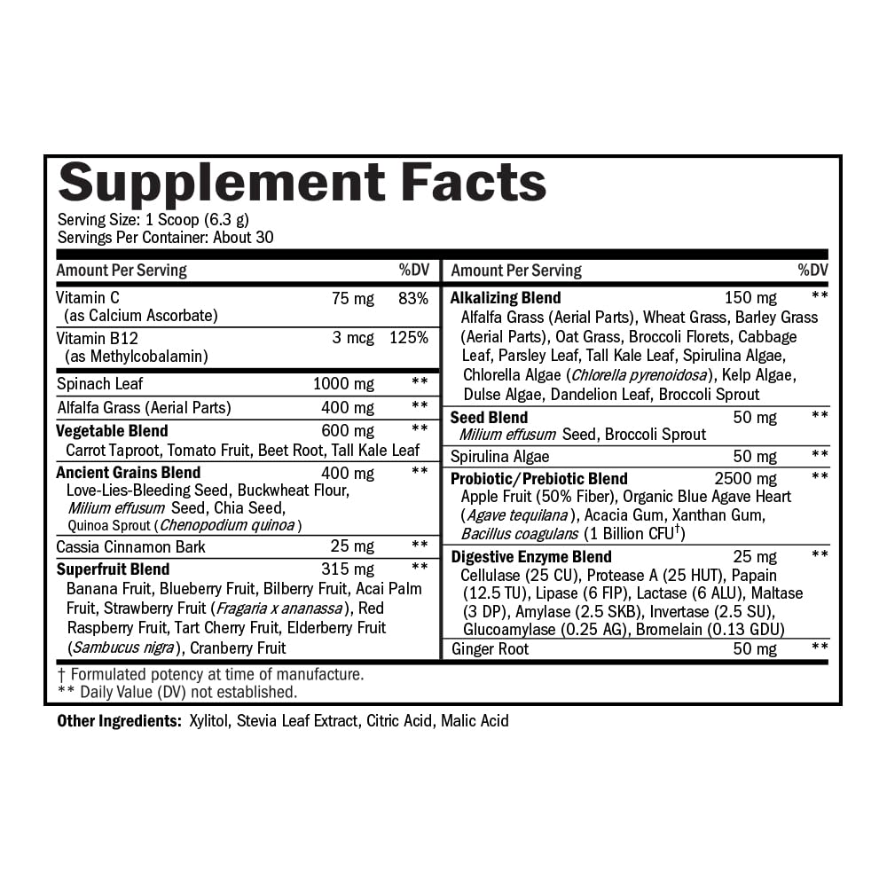 Back view of the Super Greens Powder bottle showing nutrition facts