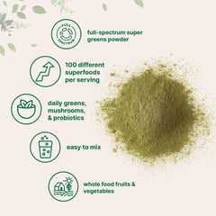 Illustration of 100 superfoods including greens, fruits, vegetables and mushrooms