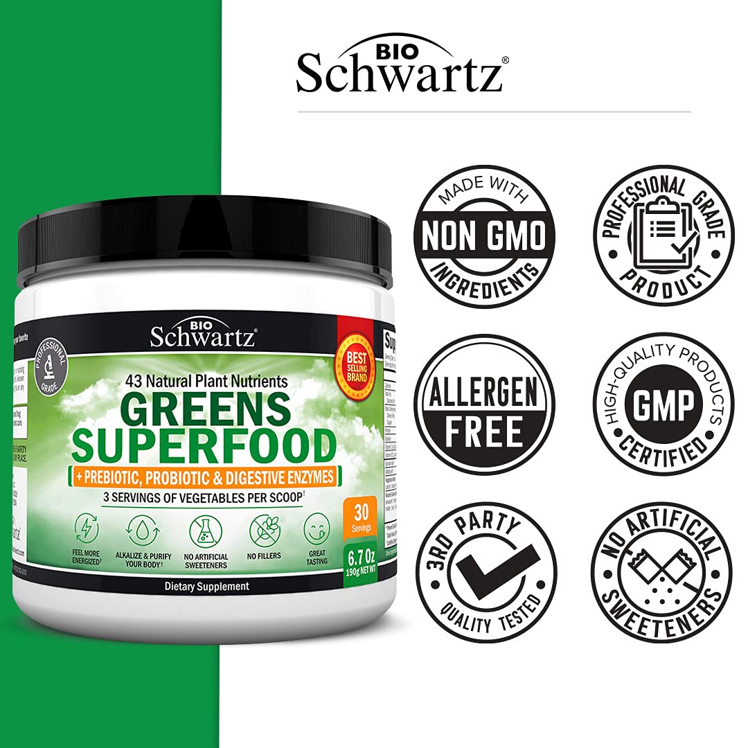 Illustration of ingredients: 43 green superfoods including spirulina and chlorella