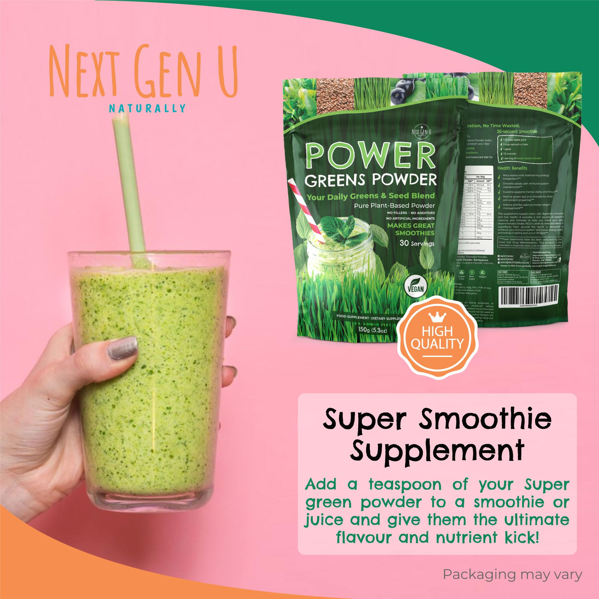 Ingredients list for Super Greens Powder: Baobab, Flaxseed, Maca, Wheatgrass, Barley Grass, Chlorella, Guarana, Matcha Tea, Acai