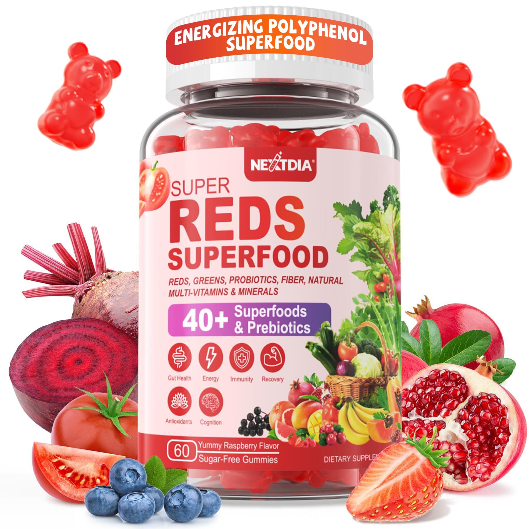 Bottle of Super Greens & Reds Gummies with raspberry flavor label
