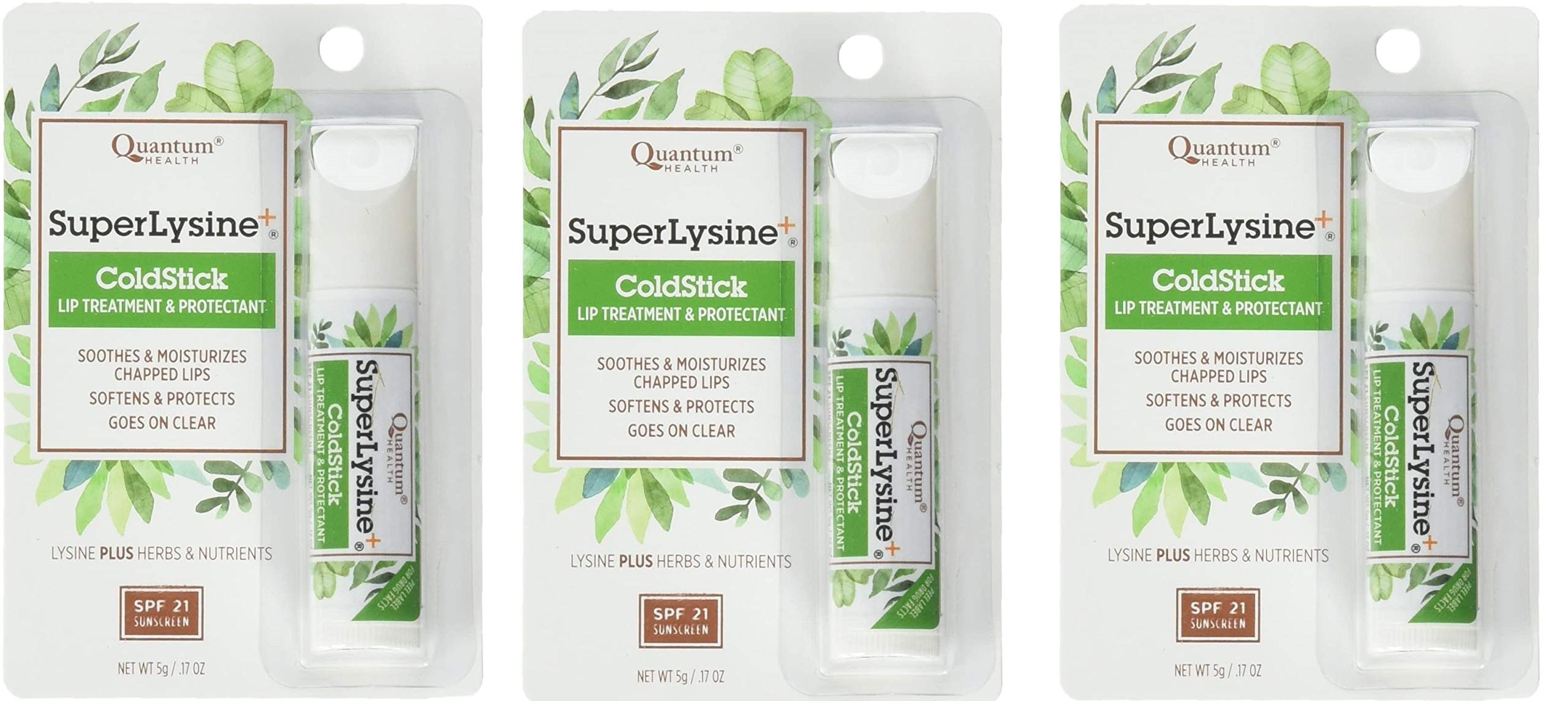 Close-up of Quantum Research Super Lysine Plus+ ColdStick lip balm tubes (0.18 oz each)