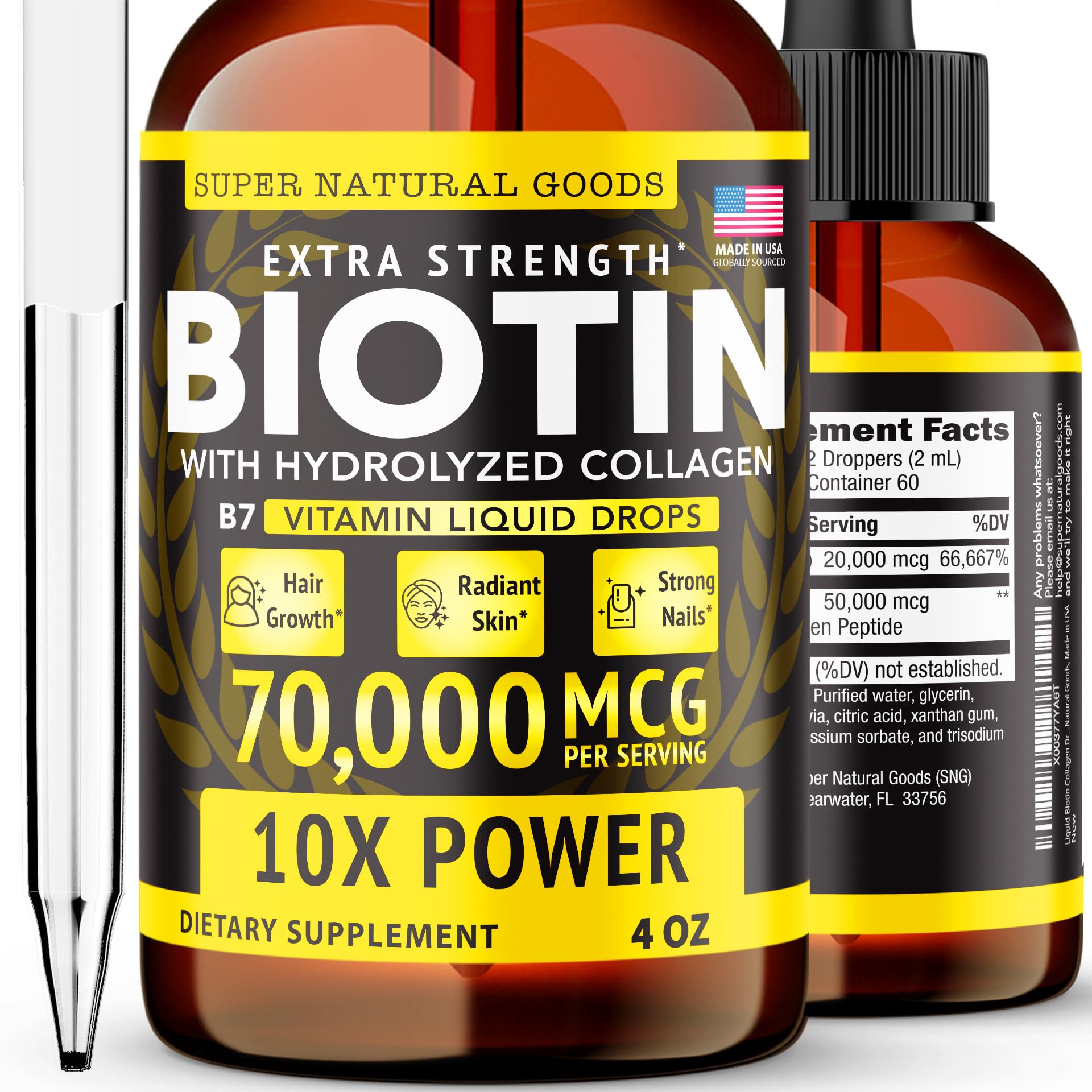 4oz bottle of Super Natural Goods Liquid Biotin & Collagen 70,000mcg