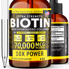 4oz bottle of Super Natural Goods Liquid Biotin & Collagen 70,000mcg