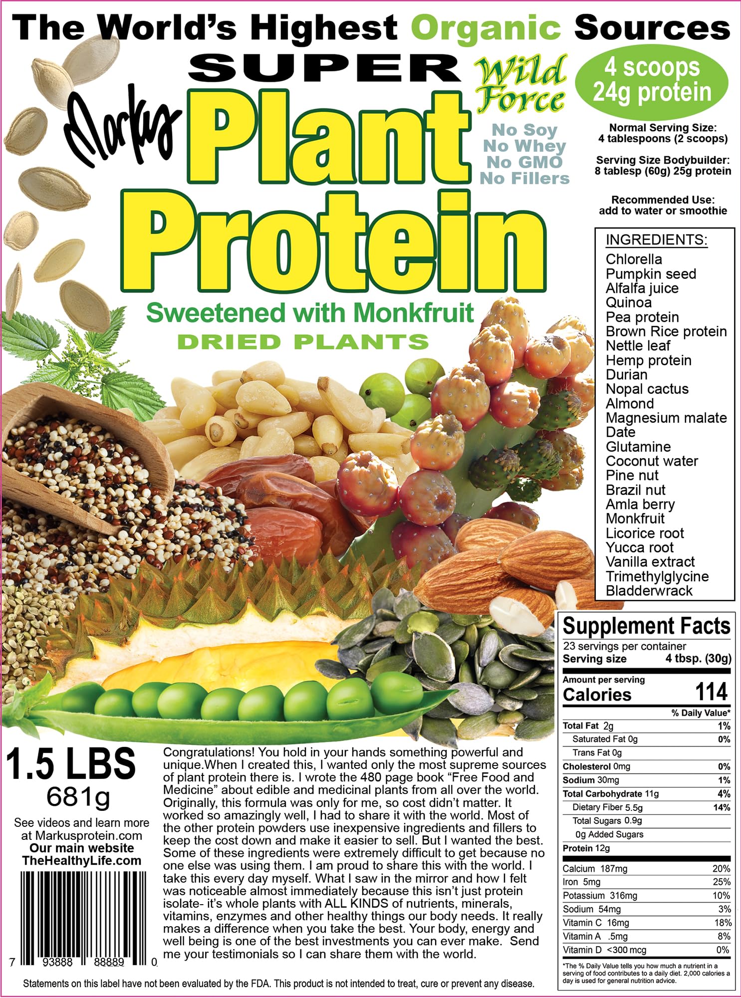 Close-up of ingredients including pine nuts, durian, chlorella and prickly pear cactus