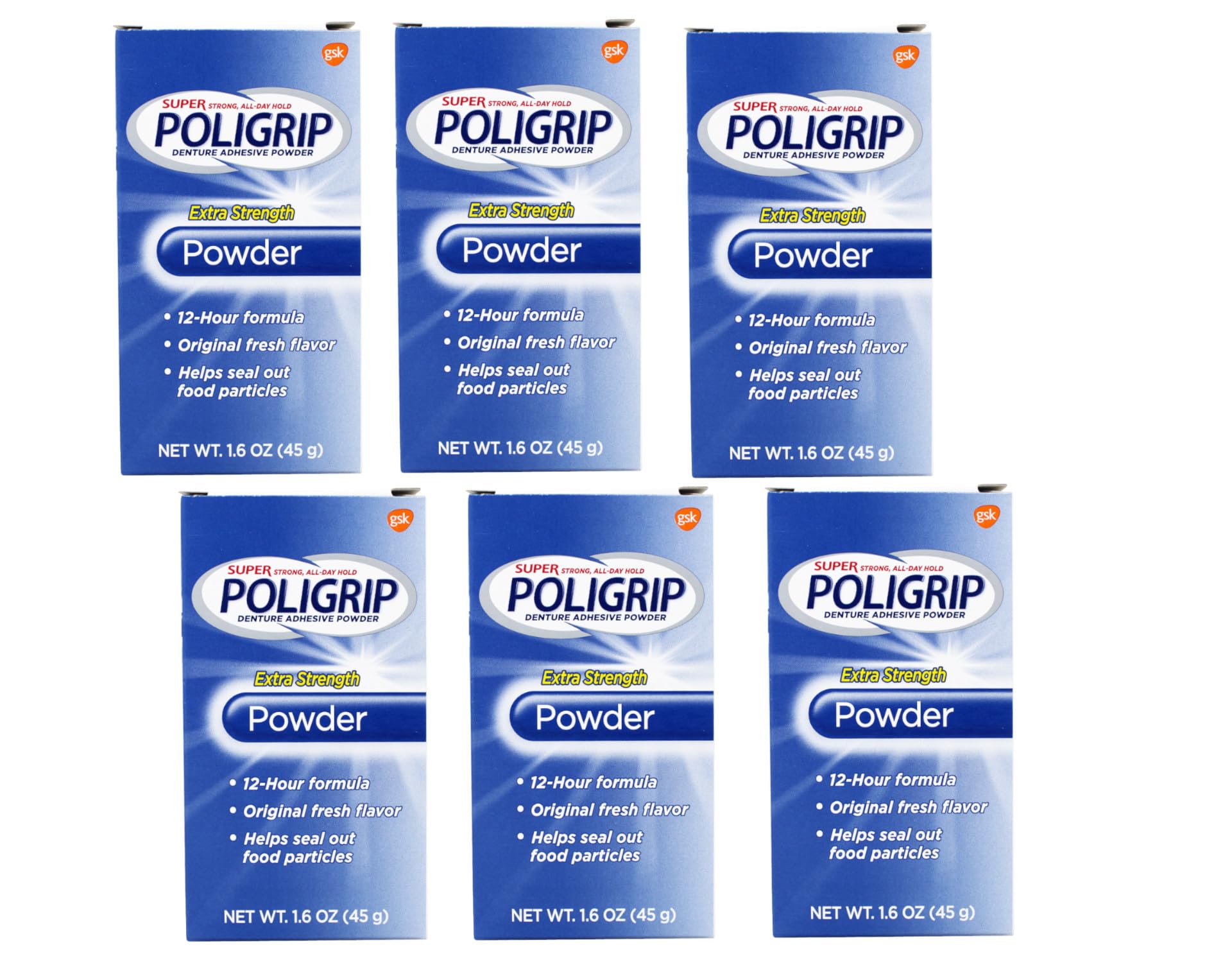 Box of Super Poli-Grip 07801 denture powder pack of 6