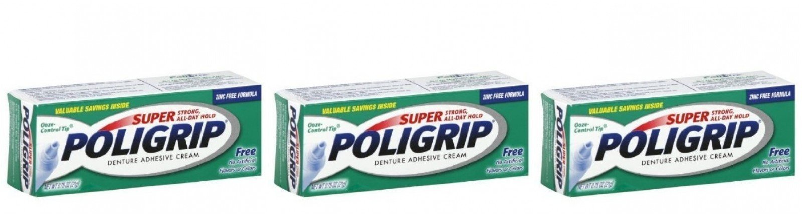 Pack of 3 travel-size 0.75 oz Super Poligrip denture adhesive cream tubes