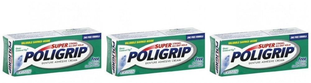 Pack of 3 travel-size 0.75 oz Super Poligrip denture adhesive cream tubes