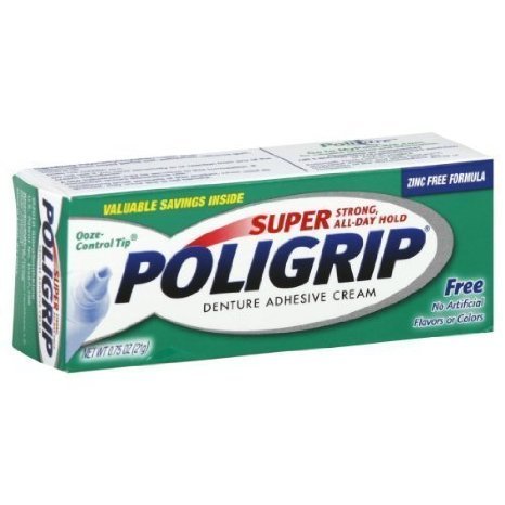 Close-up of 0.75 oz travel-size Super Poligrip denture adhesive cream tube