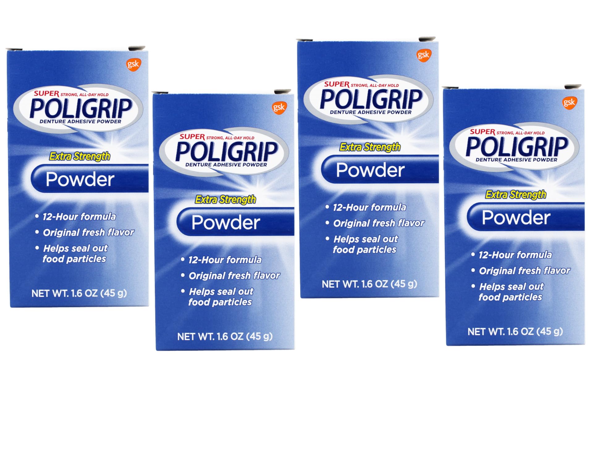 Front view of Super Poligrip denture adhesive powder canister (1.6 oz) Pack of 4