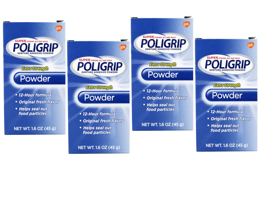 Front view of Super Poligrip denture adhesive powder canister (1.6 oz) Pack of 4