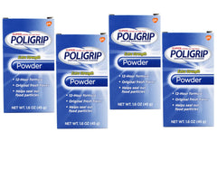 Front view of Super Poligrip denture adhesive powder canister (1.6 oz) Pack of 4