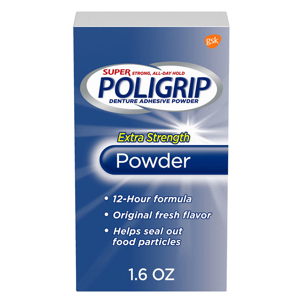 Packaging for Super Poligrip Extra Strength Denture Adhesive Powder 1.6 oz