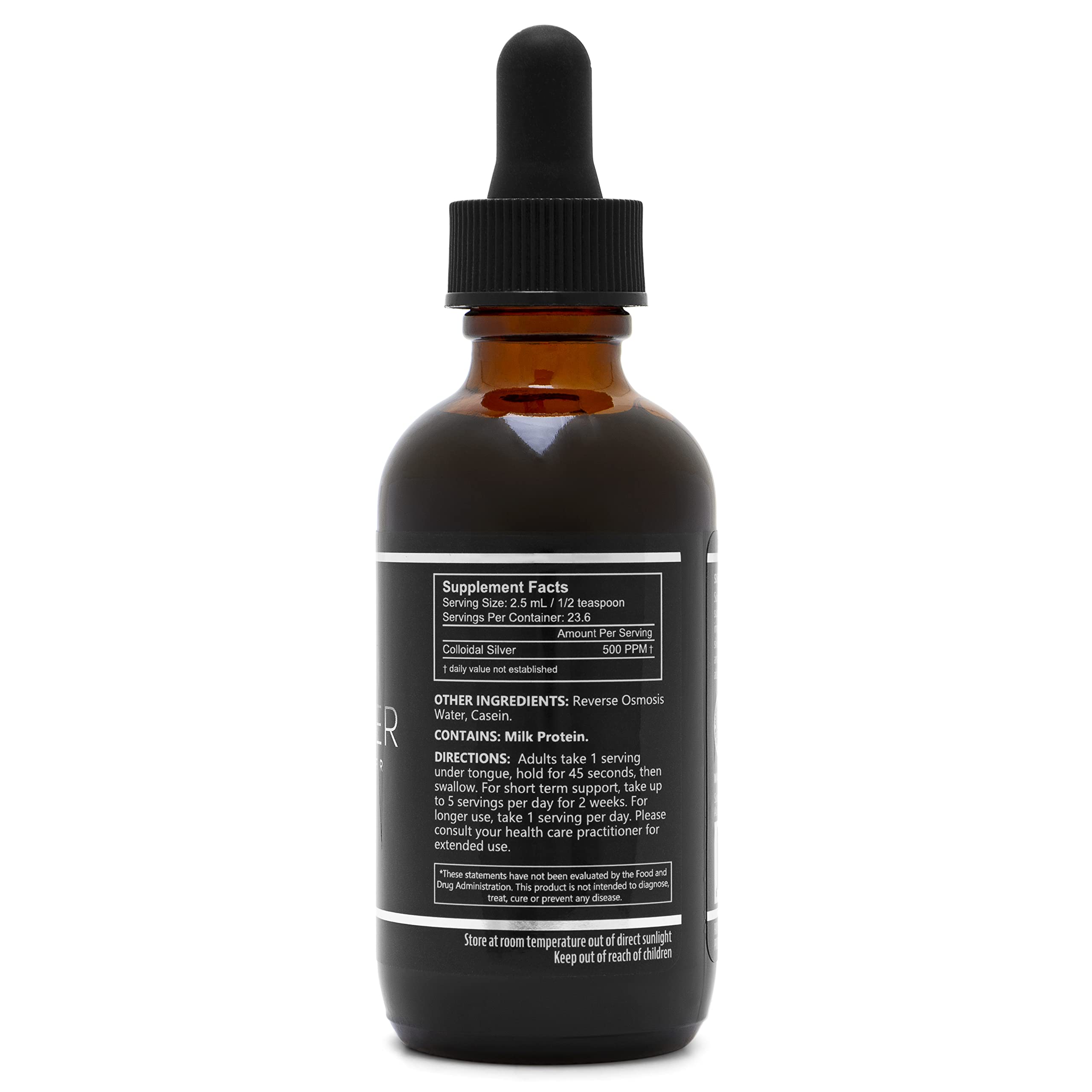 Usage illustration showing dropper dispensing colloidal silver