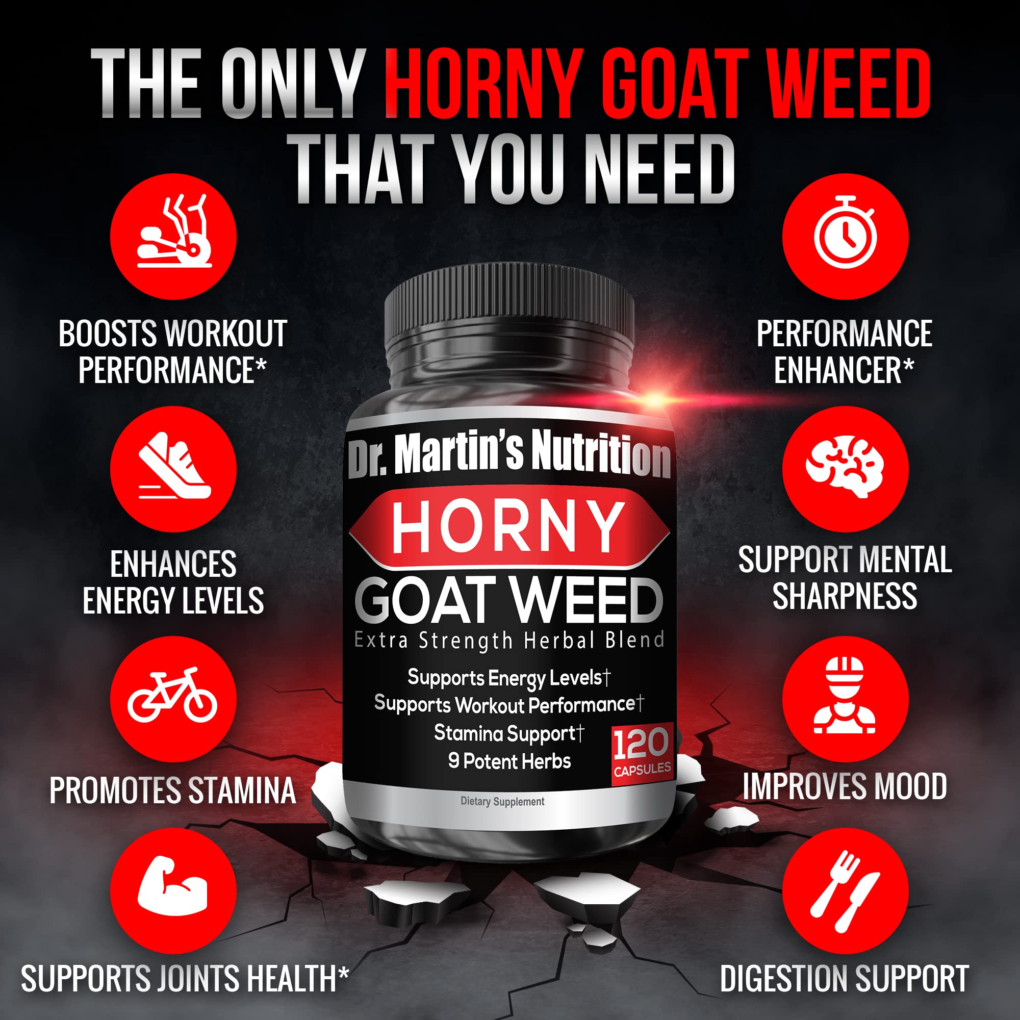 Lifestyle image with Horny Goat Weed bottle and gym equipment