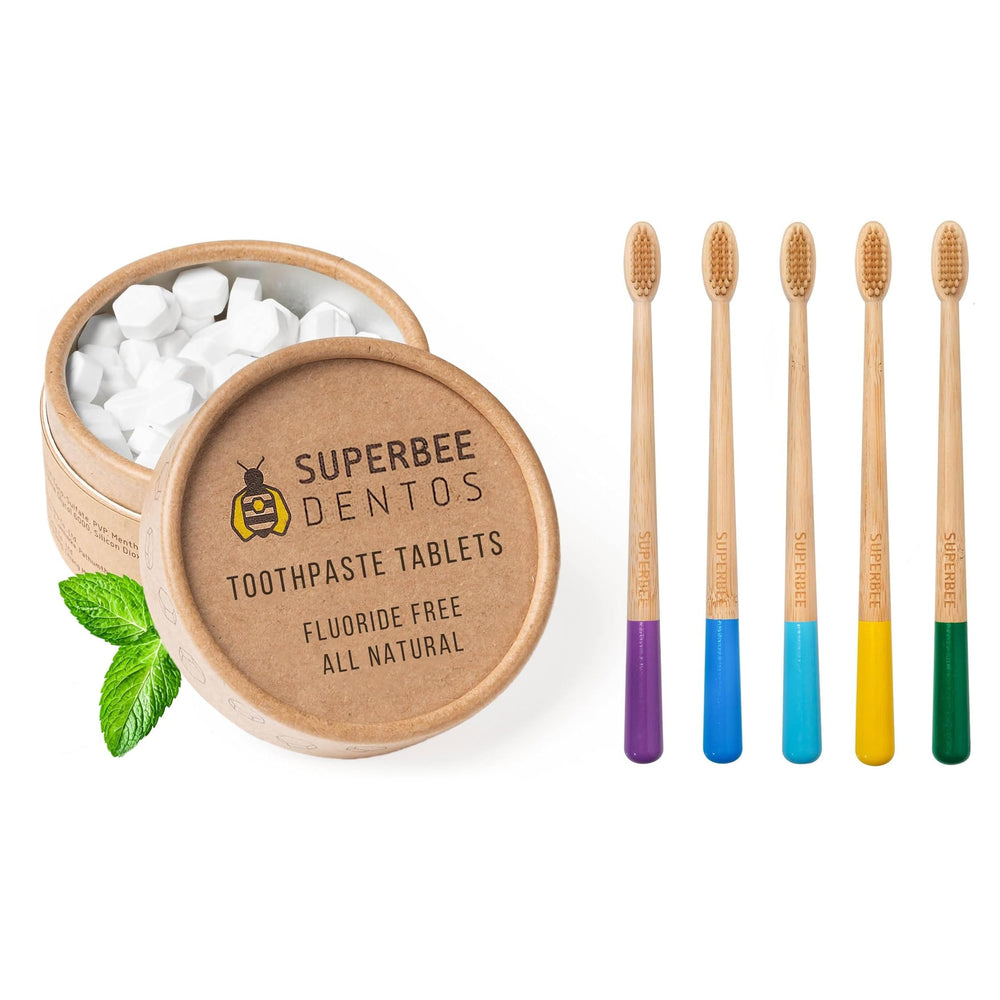 Close-up of SuperBee Dentos toothpaste tablets in a 100-tab container