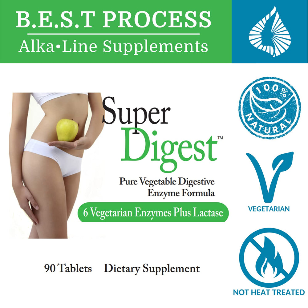 Flat lay of SuperDigest bottle with alfalfa, bromelain and papain imagery