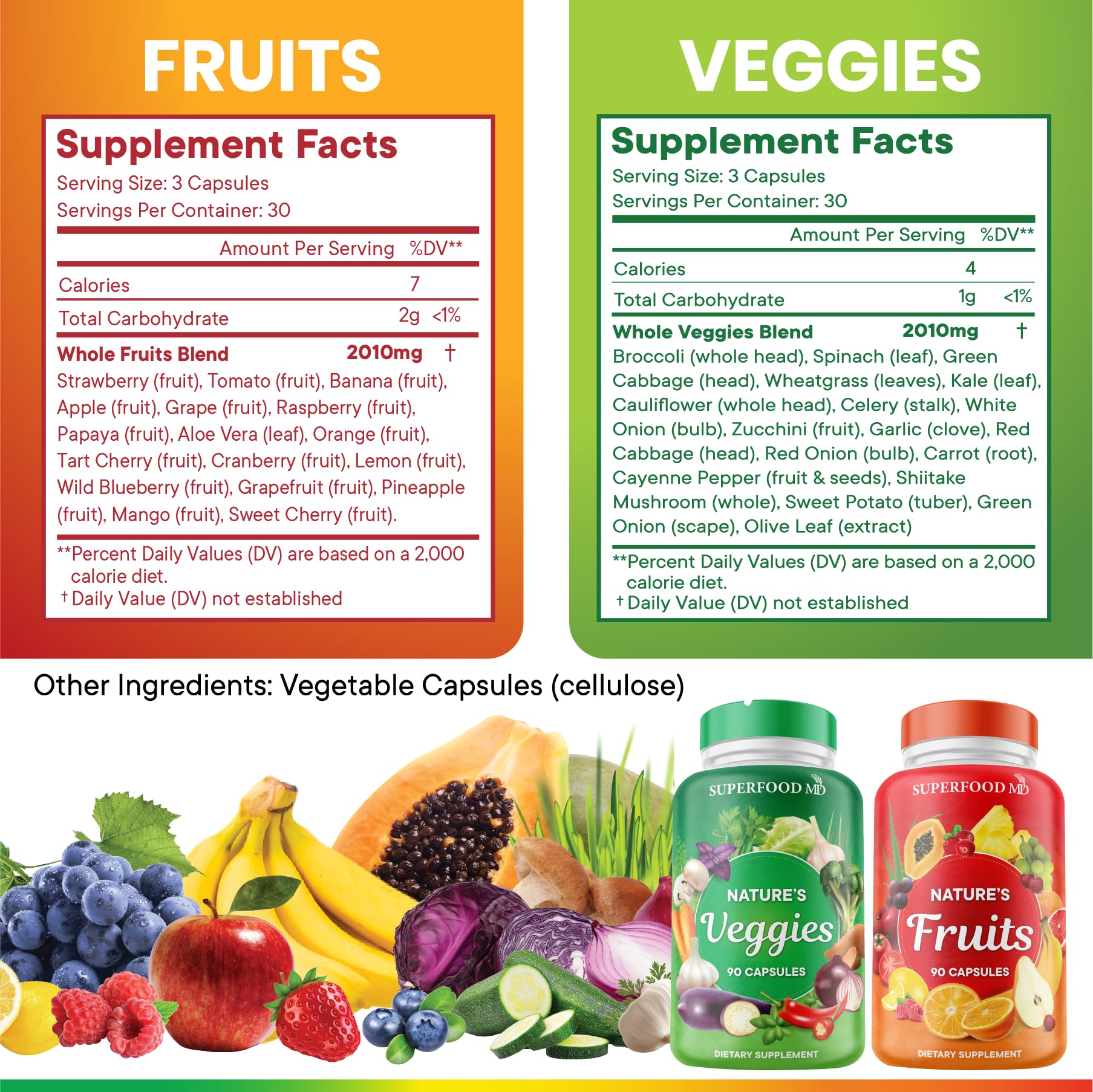 Ingredient list showing Aloe Vera and fruit/vegetable blend in capsules