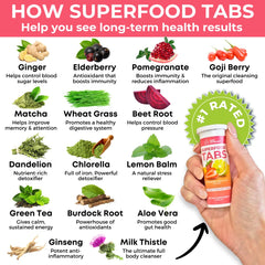 Superfood Tabs ingredient close-up—highlights chlorella, goji berry and green tea.