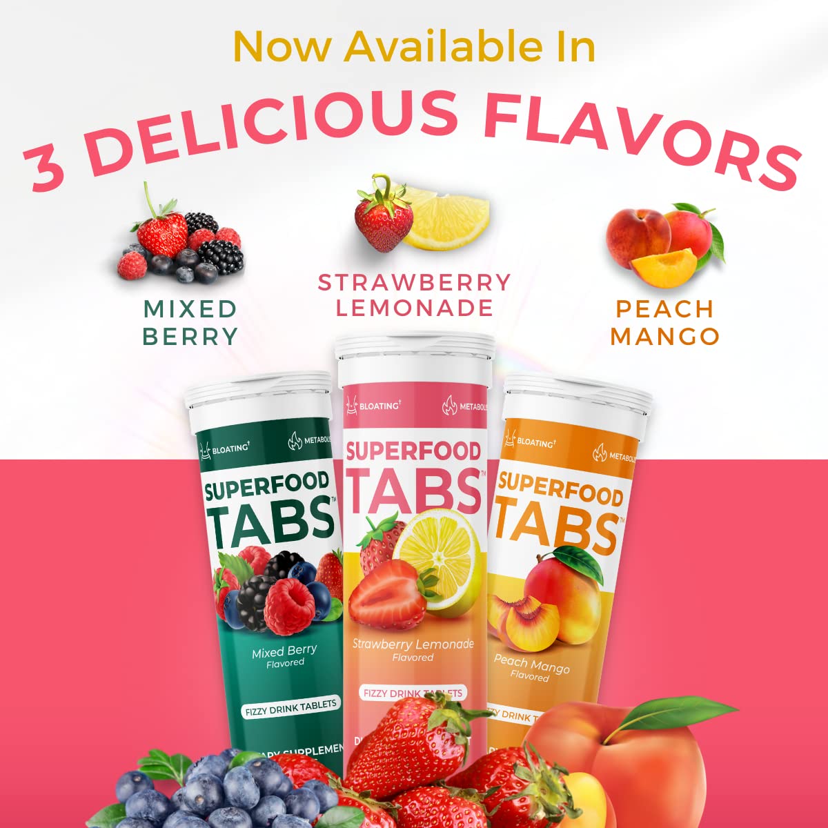 Superfood Tabs packaging shot—gluten-free, vegan, non-GMO formulation emphasis.