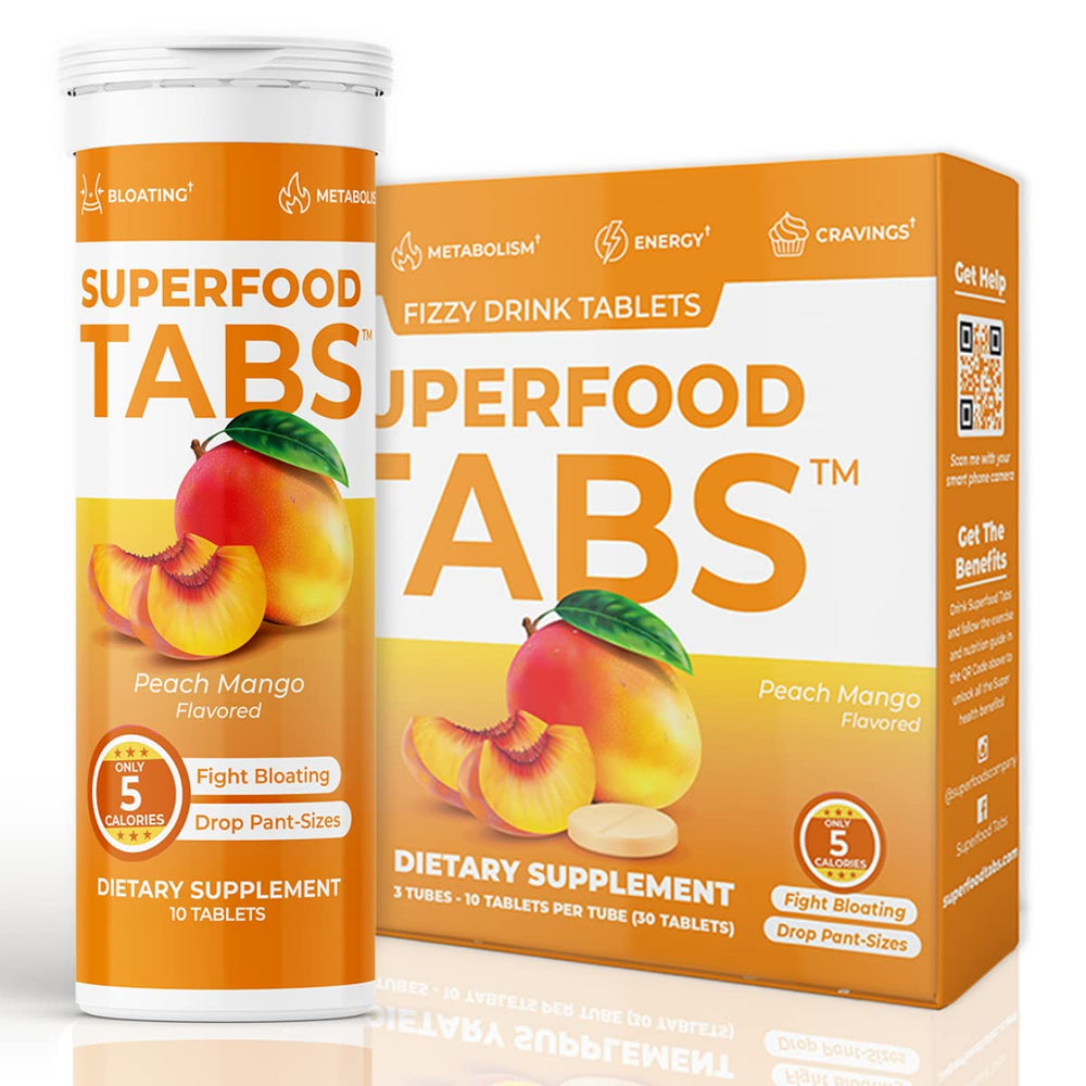 Superfood Tabs Peach Mango effervescent tab close-up boosts digestion-friendly refreshment