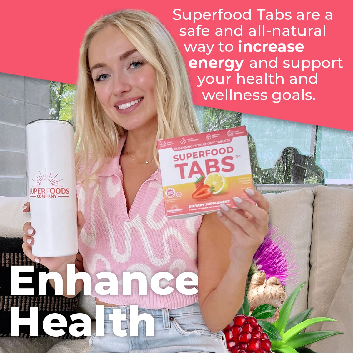 Superfood Tabs strawberry lemonade tablet—convenient energy boost from caffeine.