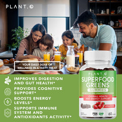 Close-up of ingredients: fruits, vegetables and vitamins for SuperGreens Gummies