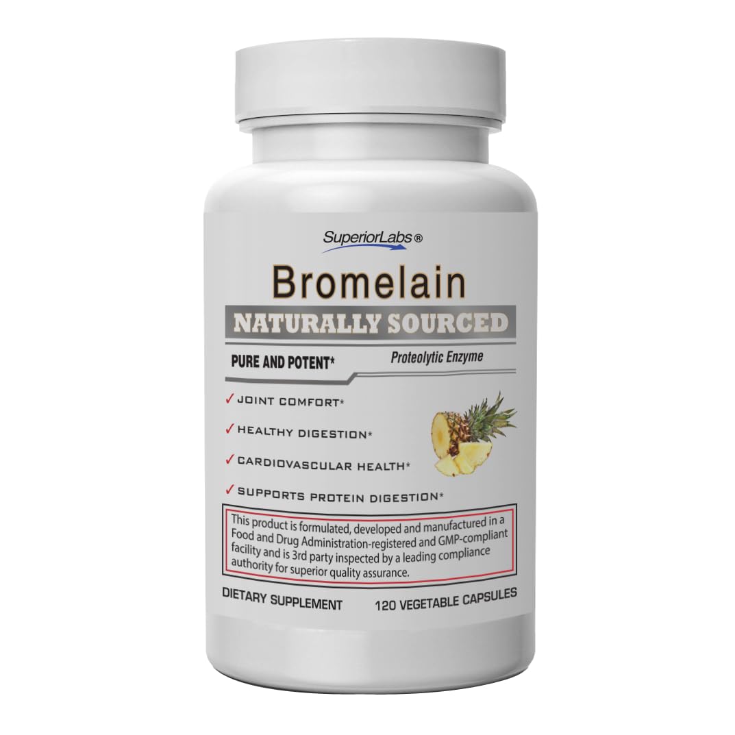 Bromelain 500mg supplement bottle with 120 vegan capsules