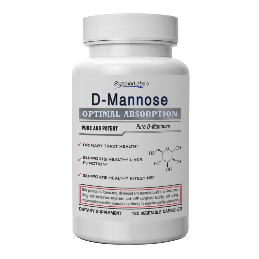 Front label of Superior Labs D-Mannose 500 mg bottle with 120 Veg Caps