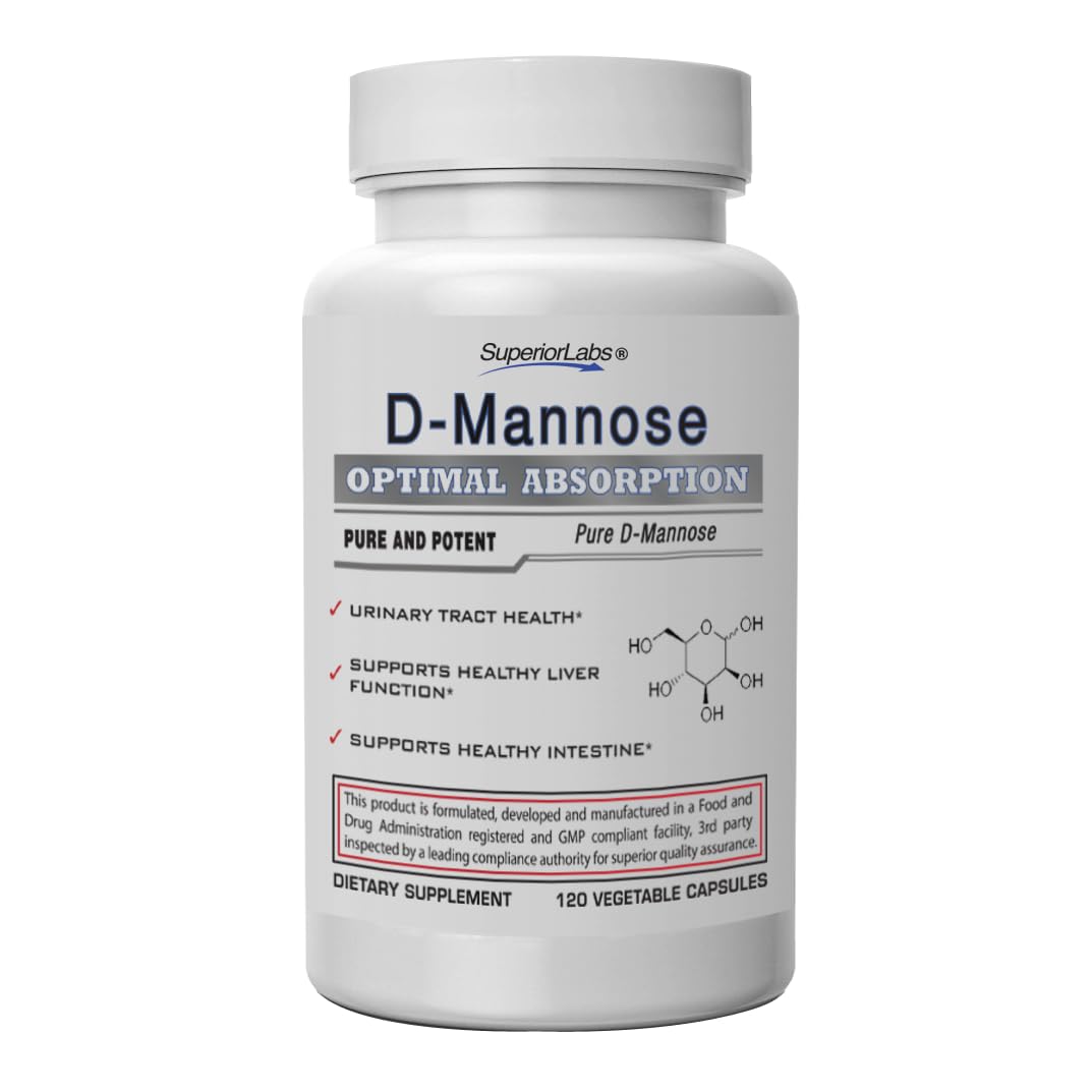 Front label of Superior Labs D-Mannose 500 mg bottle with 120 Veg Caps