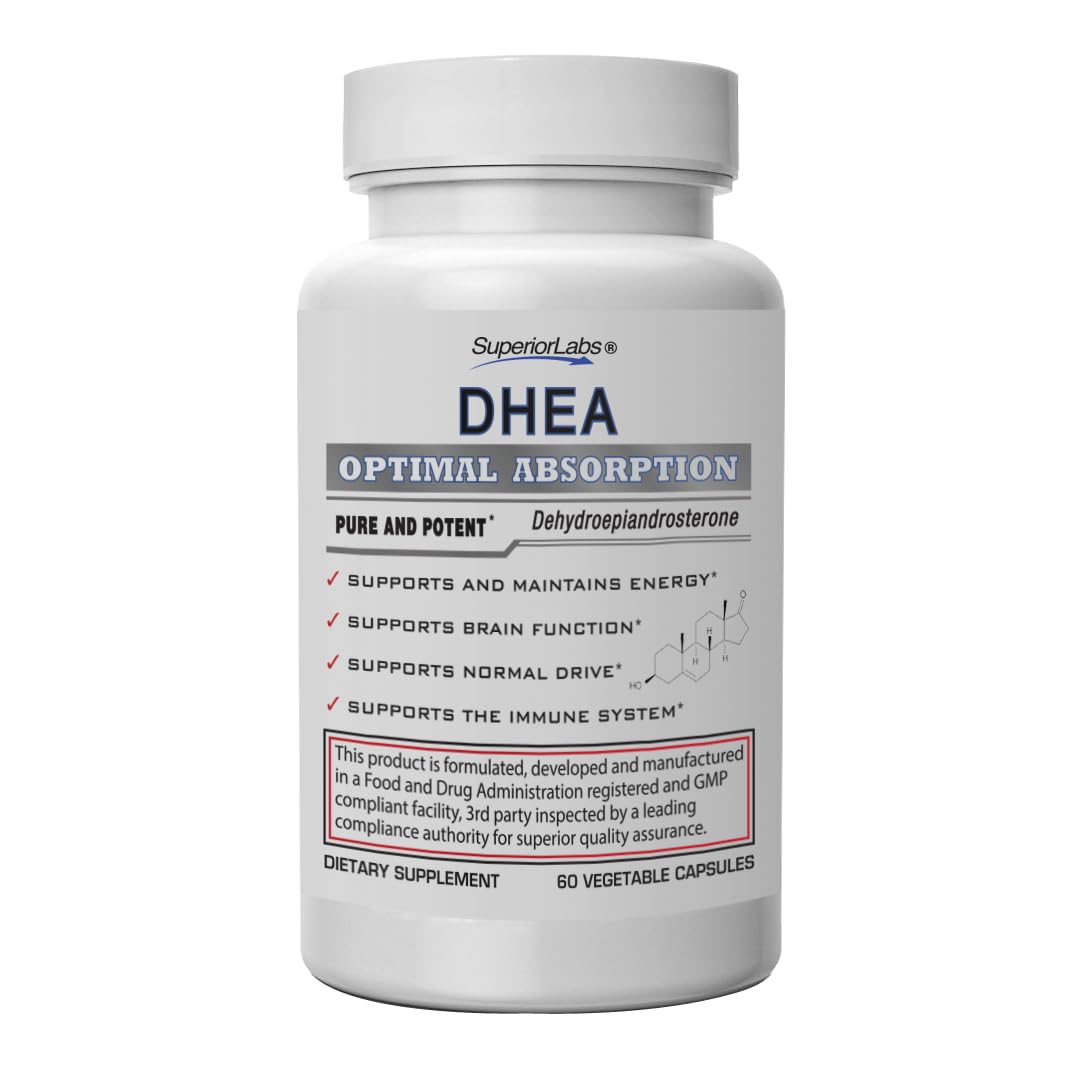 Front view of Superior Labs DHEA 100 mg bottle with 60 veggie capsules