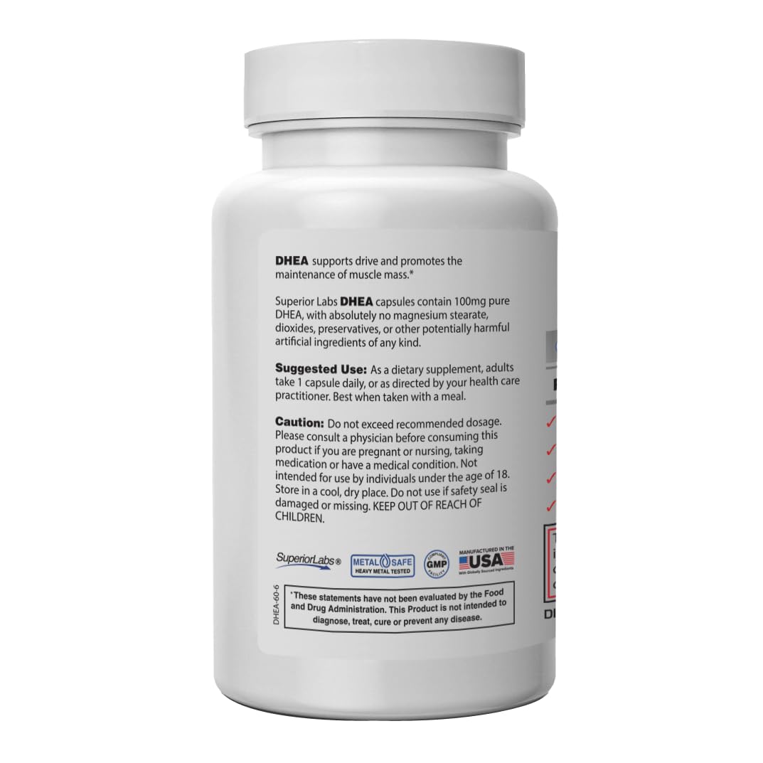 Side-angle shot of Superior Labs DHEA bottle