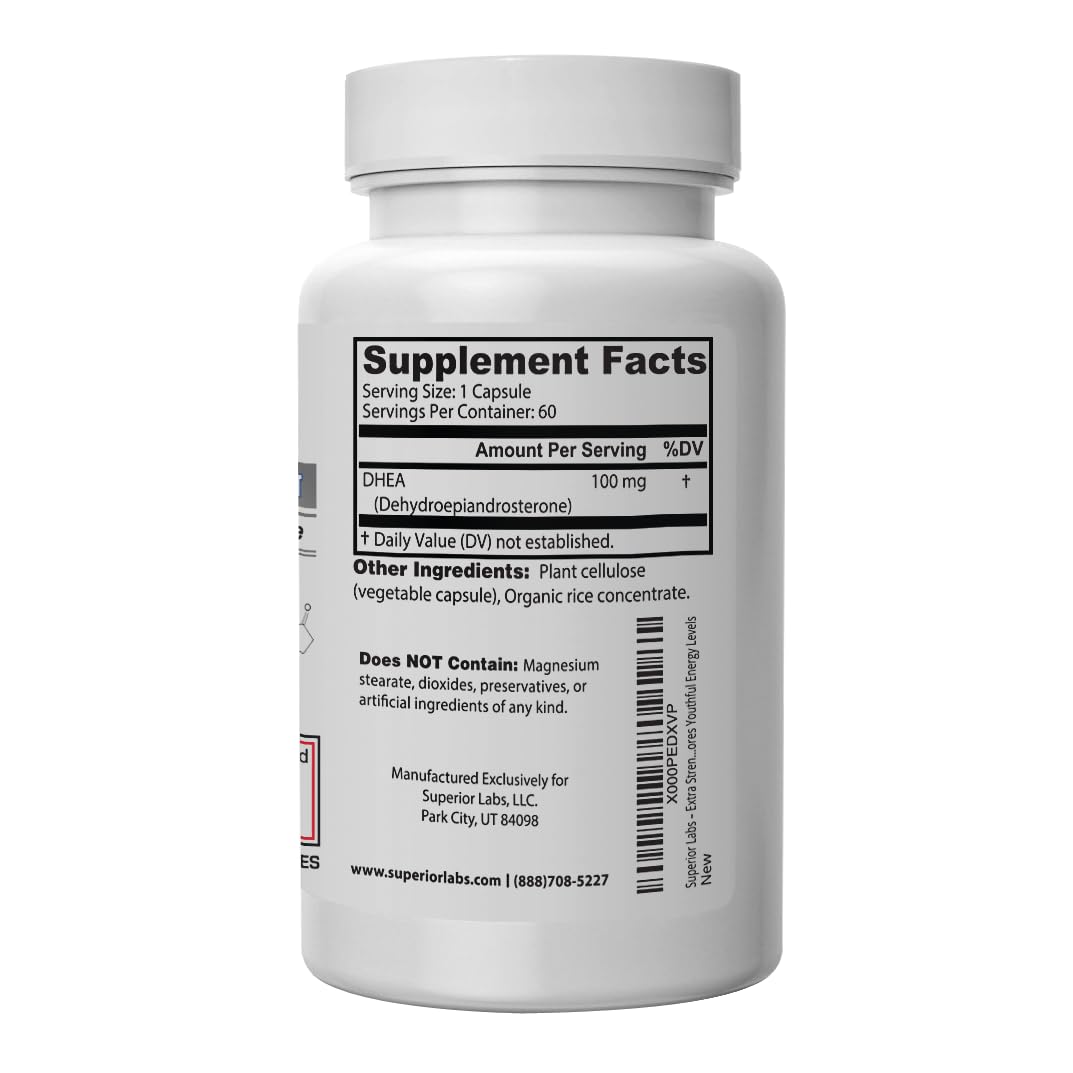 Non-GMO DHEA label on Superior Labs bottle