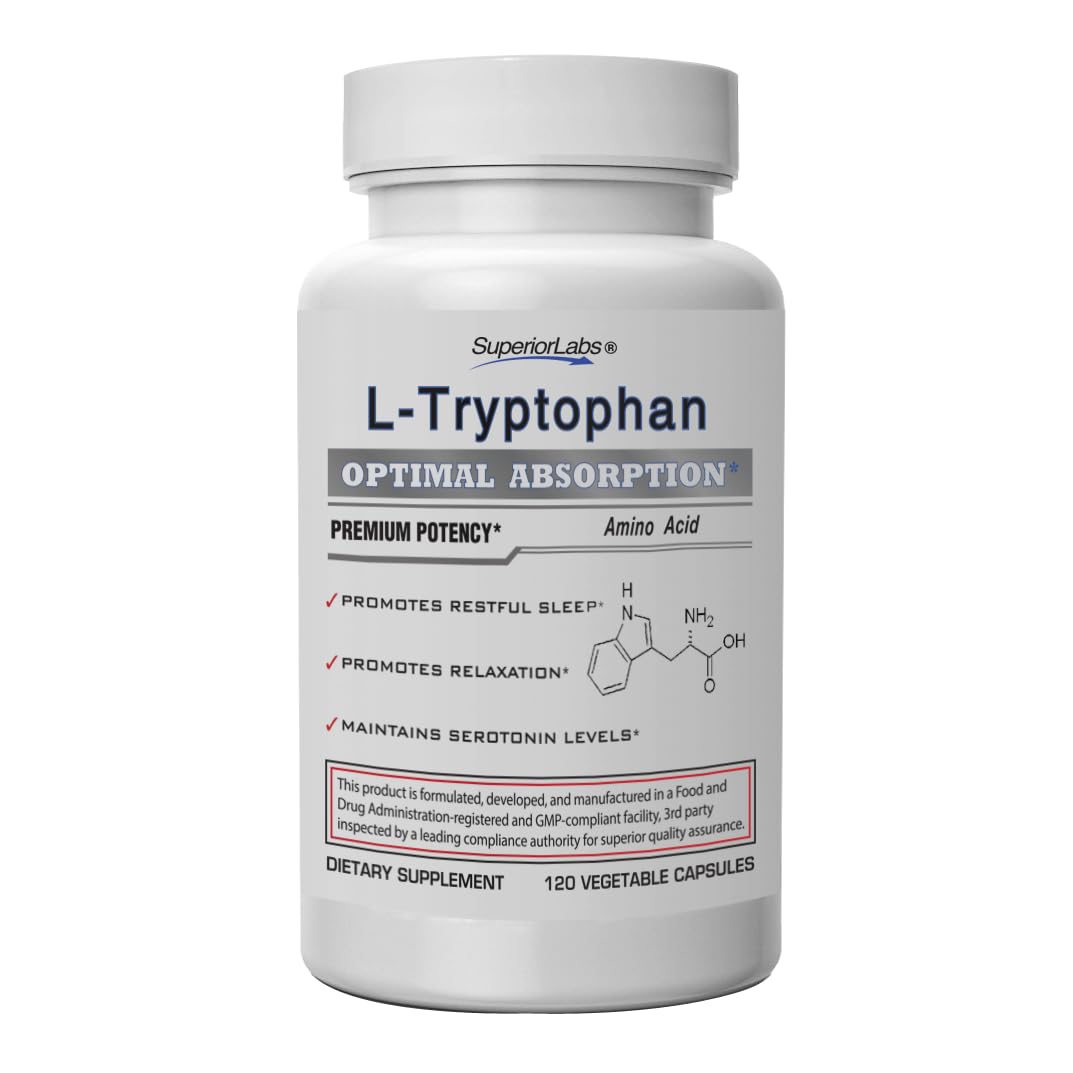 Front view of Superior Labs L-Tryptophan 500 mg vegan capsules bottle with 120 capsules