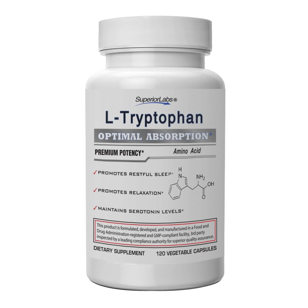 Front view of Superior Labs L-Tryptophan 500 mg vegan capsules bottle with 120 capsules