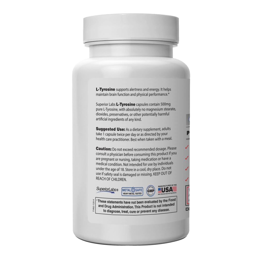 Close-up of L-Tyrosine 500 mg capsules