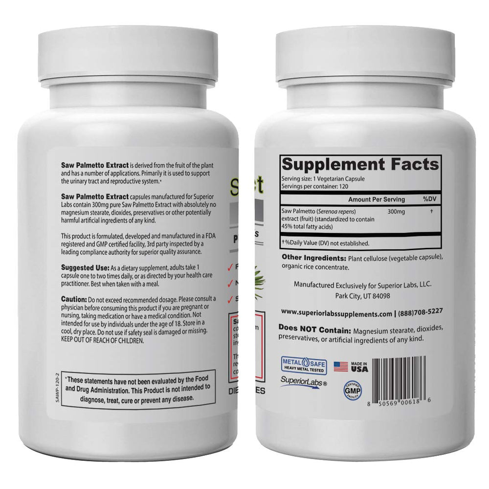 Close-up of Saw Palmetto potency label showing 45% fatty acids and 0.15% phytosterols
