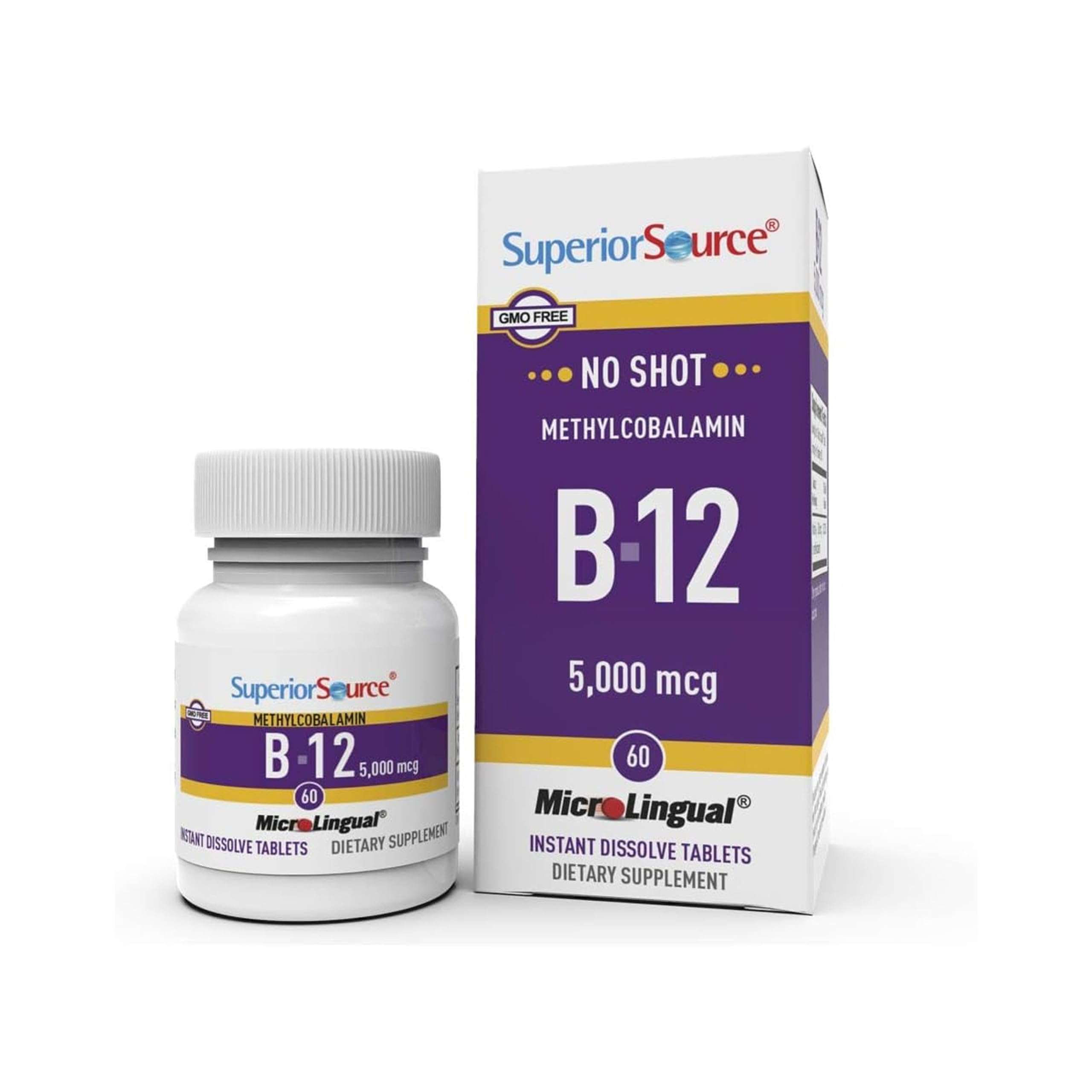 Bottle of Superior Source No Shot B-12 5000 mcg with 60 dissolving tablets