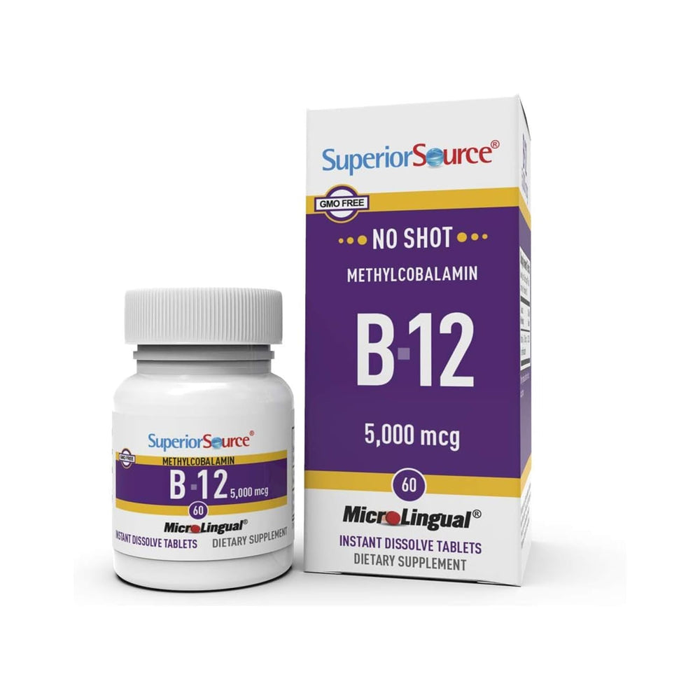 Bottle of Superior Source No Shot B-12 5000 mcg with 60 dissolving tablets