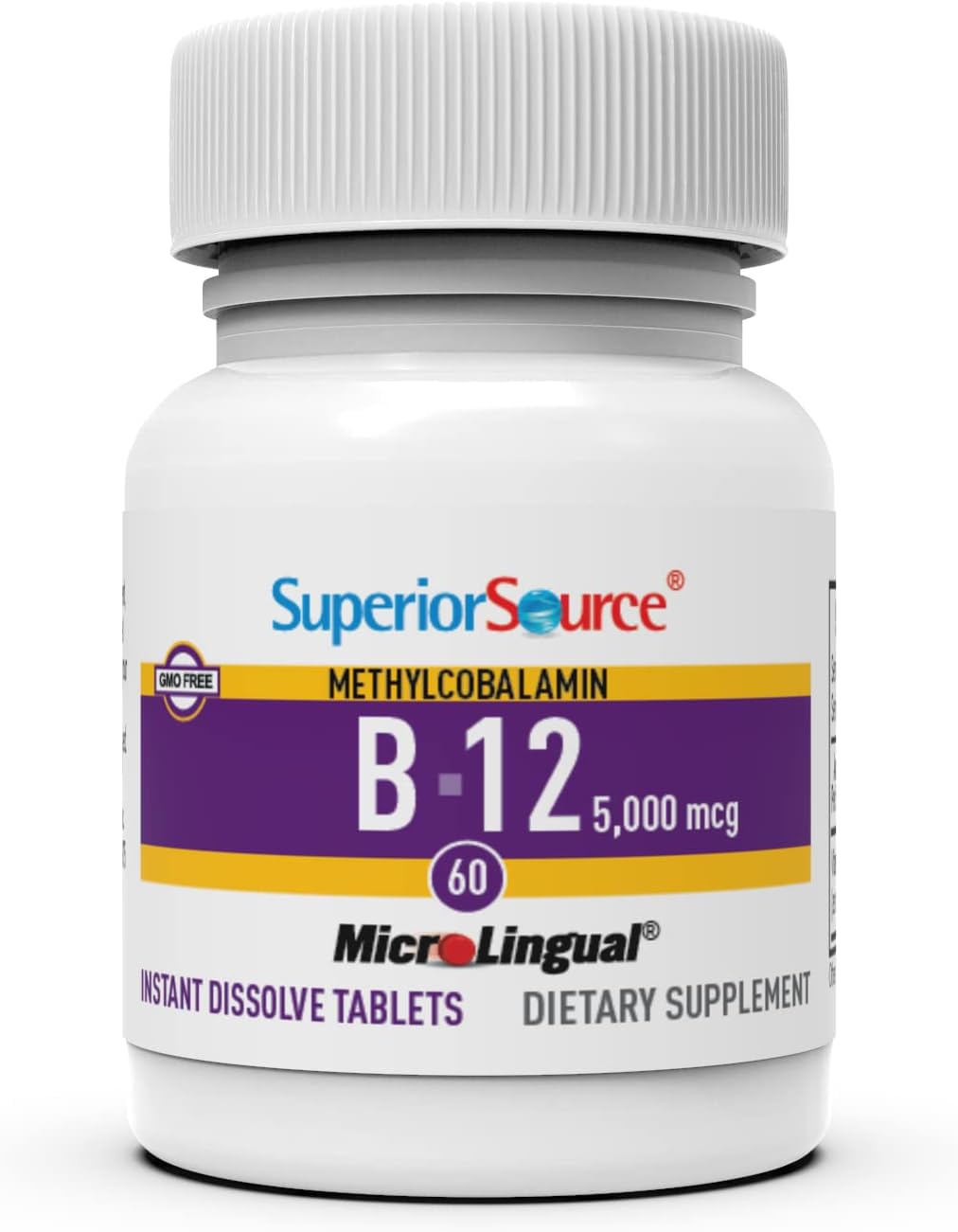 Packaging label showing Non-GMO and preservative-free B-12 supplement