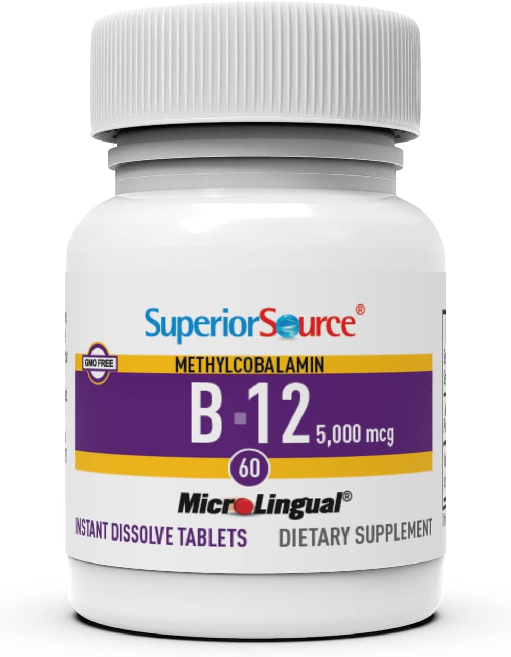 Packaging label showing Non-GMO and preservative-free B-12 supplement