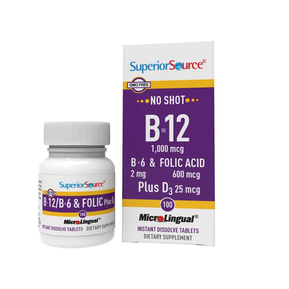 Box and bottle of Superior Source B12 B6 Folic D3 tablets