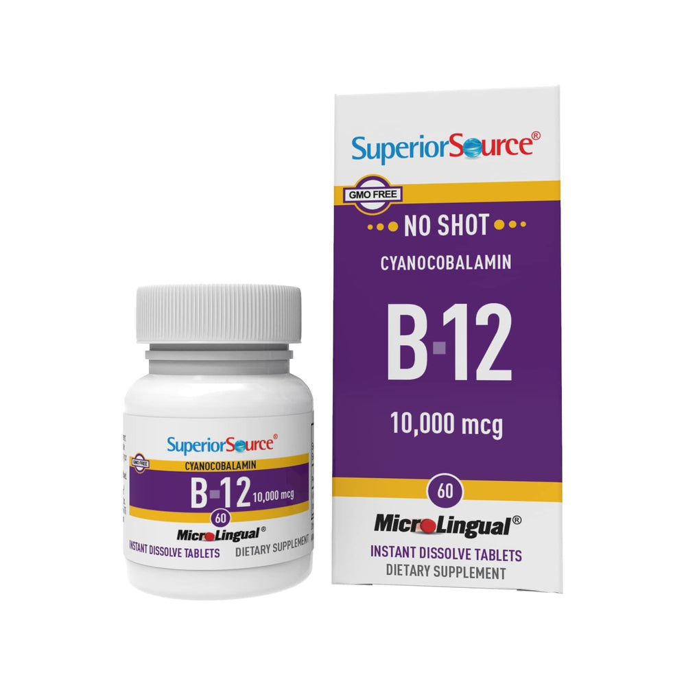 Front label showing Superior Source B-12 Cyanocobalamin 10000 mcg dissolvable tablets