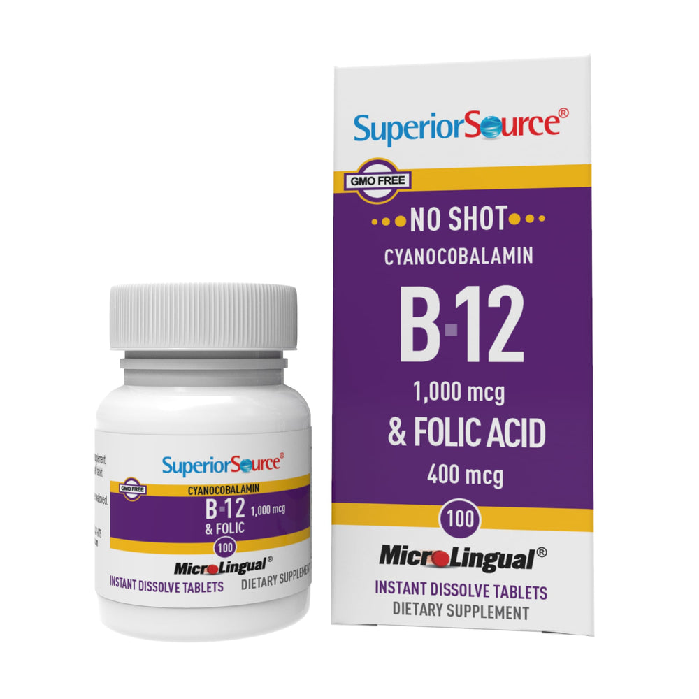 Box and blister-pack of Superior Source No Shot B-12 1000 mcg and Folic Acid 400 mcg sublingual tablets