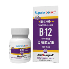 Box and blister-pack of Superior Source No Shot B-12 1000 mcg and Folic Acid 400 mcg sublingual tablets