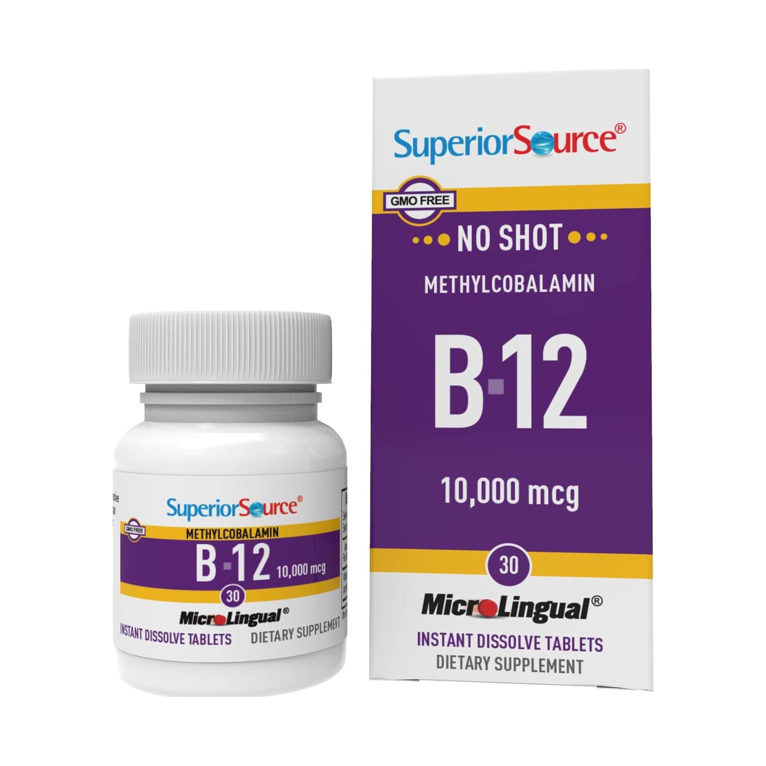 Product bottle labeled Superior Source No Shot B-12 10000 mcg