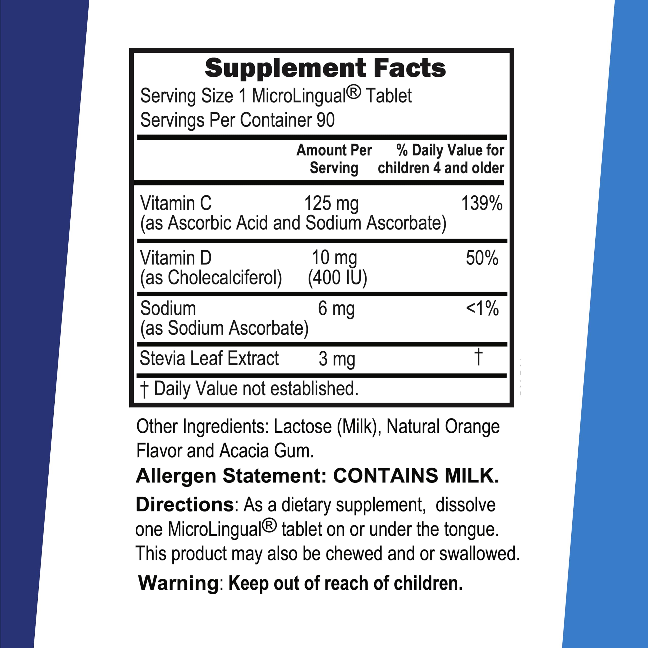Graphic displaying 125 mg vitamin C and 10 mg vitamin D3 per tablet