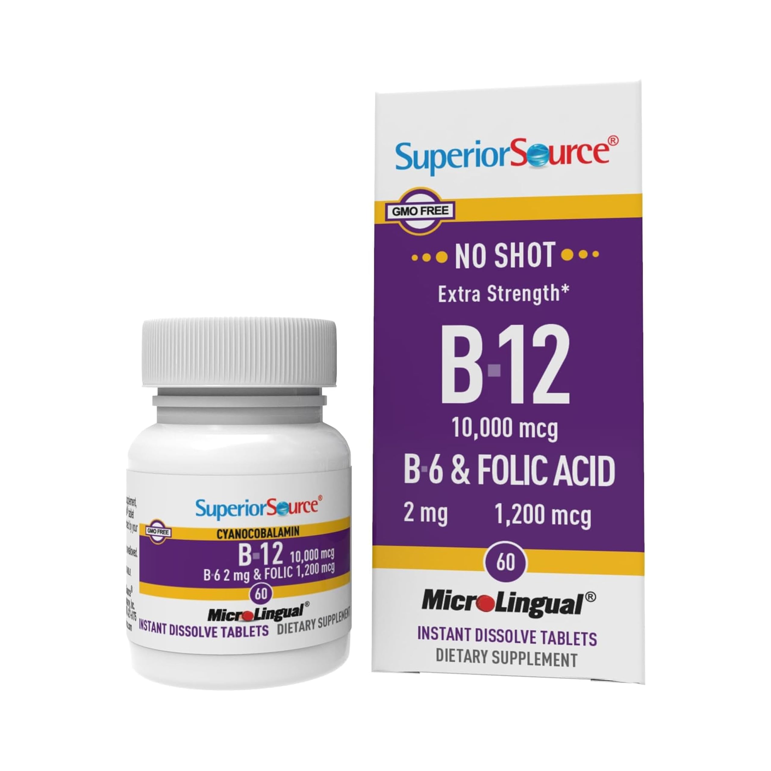Hero image showing Superior Source No Shot B12 B6 Folic Acid sublingual tablets